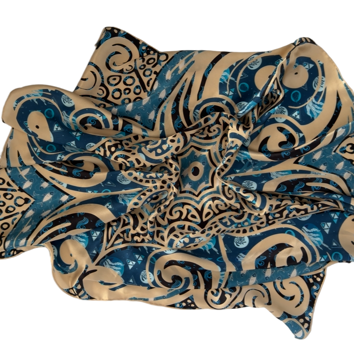 silk scarf in blue, black and beige colors with water element symbols and spiritual vibe